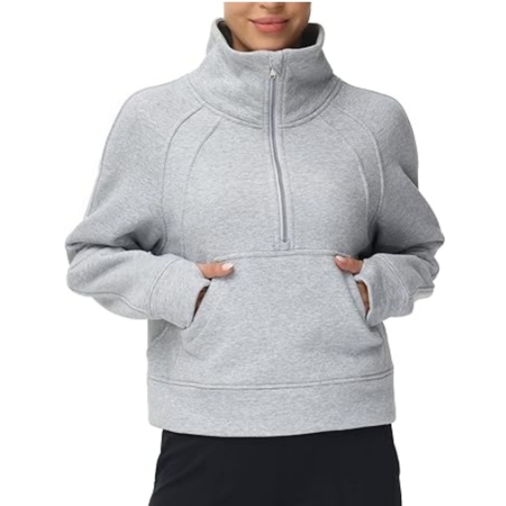 Half Zip Pullover Fleece Stand Collar Crop Sweatshirt Side Pocket Gray